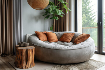 Rustic round sofa with pillows near window. Interior design of modern scandinavian living room.