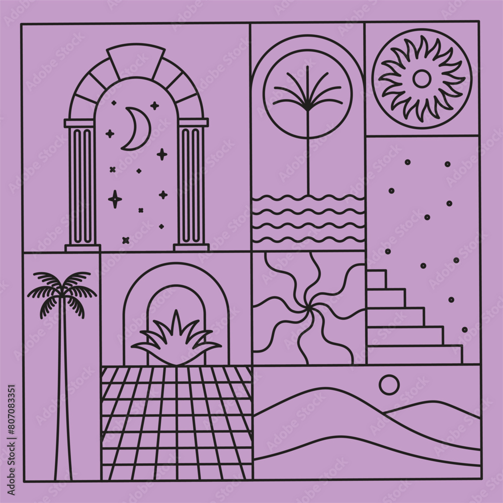 Poster vector illustrations in simple line style, boho abstract prints, simple arcs with natural landscapes