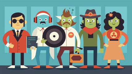The record store hosts a vinylthemed costume contest with participants dressing up as famous musicians or album covers. Vector illustration