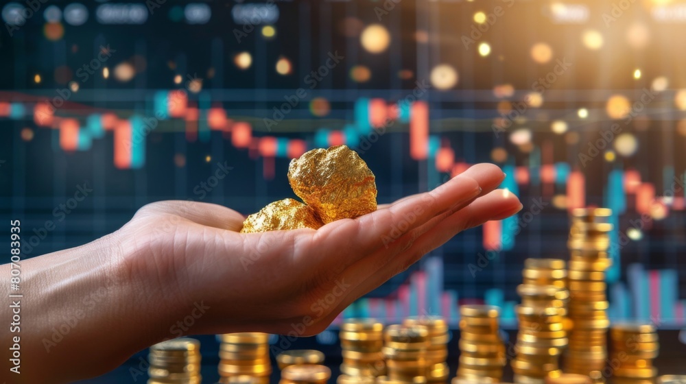 Poster a hand holding a gold nugget against a background of gold coins and bars with a graph illustrating g