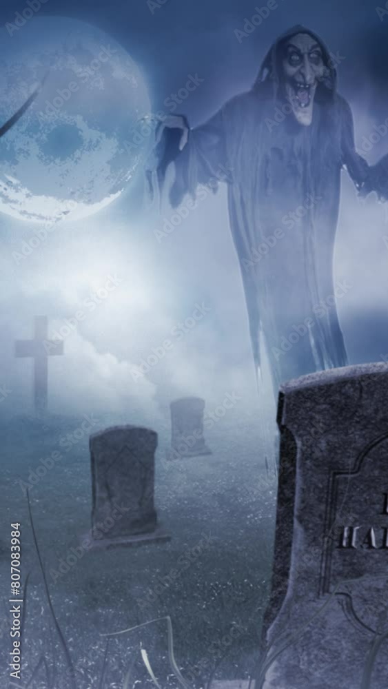 Wall mural vertical ghostly dark graveyard in the moonlight 4k features a dark ghostly apparition floating in a