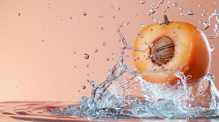A persimmon half dropping into water, the dynamic splash highlighted against a pastel peach background