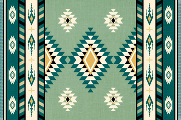 Navajo tribal vector Green seamless pattern. Native American ornament. Ethnic South Western decor style. Boho geometric ornament. Mexican blanket, rug. Woven carpet illustration