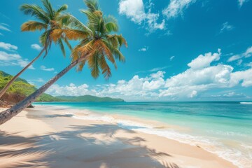 Beach with palm trees and sea on a clear day