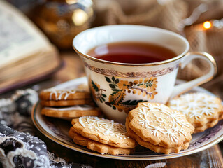 Fototapeta premium A cup of English tea with a few delicious cookies.