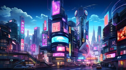 Night city panoramic illustration. Night cityscape with modern buildings and skyscrapers