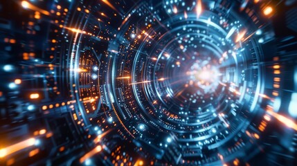 Obraz premium A science fiction movie set with a backdrop of a quantum computer core, pulsing with lights and energy