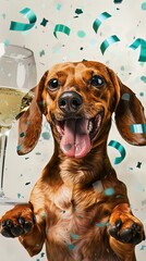 A delighted Dachshund, tongue waggling, with a glass of white wine, teal confetti whirl, Photorealistic,