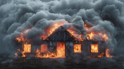A house is on fire with smoke billowing out of it