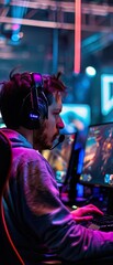 Fototapeta premium A gaming influencer streaming a new game launch, providing live commentary and tips to a captivated audience