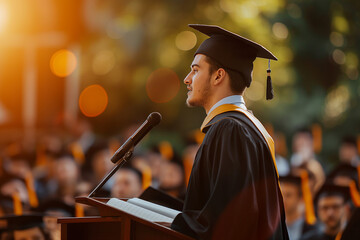 Man giving graduation speech to other graduated people while wearing traditional college regalia and gown