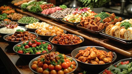 Obraz premium A lavish buffet spread tempts guests with a diverse array of international cuisines and delectable desserts