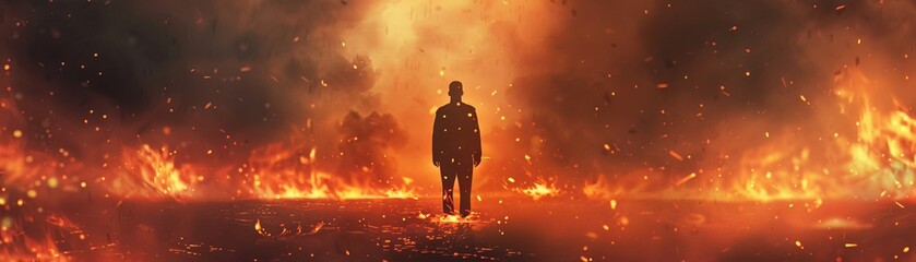 A man silhouette standing strong amidst a storm of fire and embers
