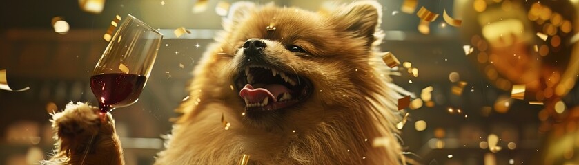 A merry Pomeranian panting joyfully, gripping a merlot glass, amidst golden confetti flurry, Photorealistic,