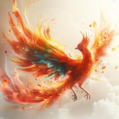 A majestic 3D rendering of a Phoenix rising from ashes, depicted with vibrant fiery colors, isolated on a white background with ample copy space.