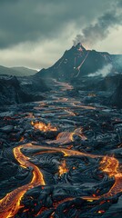 A volcanic land with lava flows that solidify into sculptural forms, creating natural art under a smoky sky