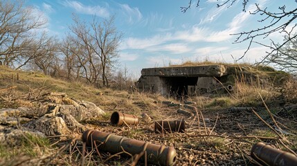 Abandoned bunker on a hilltop, with old artillery shells scattered around, remnants of a past battle