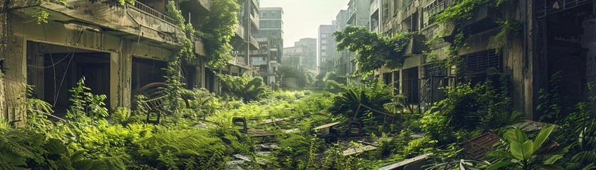 Abandoned city with overgrown plants and decaying buildings, after a chemical disaster, nature reclaiming space