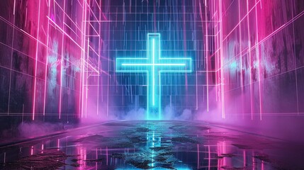 Abstract cross in a neon matrix, blending spirituality and cyberpunk aesthetics for posters