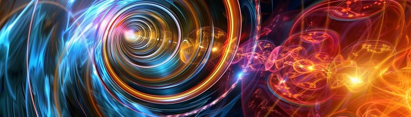 Obraz premium An abstract quantum tunnel backdrop, with swirling patterns and vibrant colors representing subatomic particles in motion