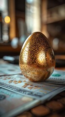 Golden egg amidst financial charts and currency symbols, symbolizing wealth and economic growth