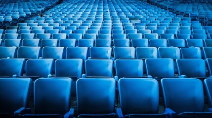 Fototapeta premium Blue tribunes. seats of tribune on sport stadium. empty outdoor arena. concept of fans. chairs for audience. cultural environment concept. color and symmetry. empty seats. modern stadium