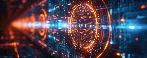 Obraz premium Cybersecurity lock interface enhanced with quantum key distribution, featuring intricate patterns of light and shadow