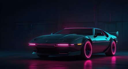 Naklejka premium Cyberpunk Futuristic retro wave synth wave car, Retro sports car with neon backlight contours,