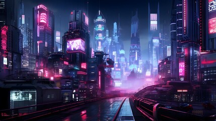 Modern city at night with neon lights and train. 3d rendering