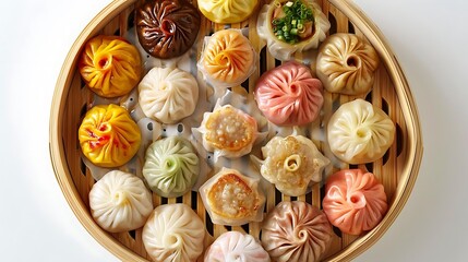 selection of assorted dim sum on bamboo steamer in a wooden bowl