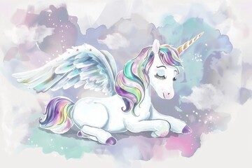Naklejka premium Beautiful unicorn on clouds with stars illustration, Illustrations for banners, children's books, magazines