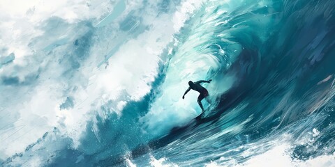 This dynamic and vibrant illustration captures the energy and thrill of surfing a massive ocean wave