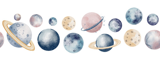 Watercolor seamless Border with Planets for baby design in pastel blue and pink colors. Cute Space Frame for childish nursery wallpaper. Cosmos Pattern with universe on isolated background.