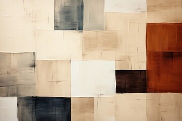 abstract background of squares of linen fabric in red, gray and cream shades.