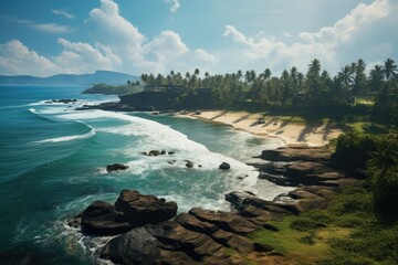 Sri Lanka landscape. Tropical Paradise: Serene Beach with Palm Trees and Rocky Shoreline. - obrazy, fototapety, plakaty