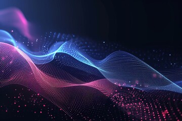 Dark technical background with abstract glowing waves with flickering particles, futurism concept, science and technology, internet network	