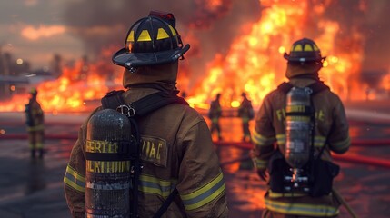 Two firefighters are standing in front of a burning building