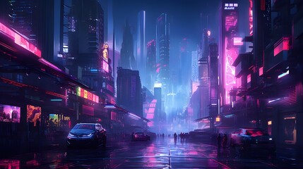 Night city panoramic view with neon lights and traffic on the road