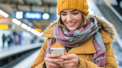 Fototapeta premium A woman, clad in hat and scarf, gazes at her cell phone at the train station