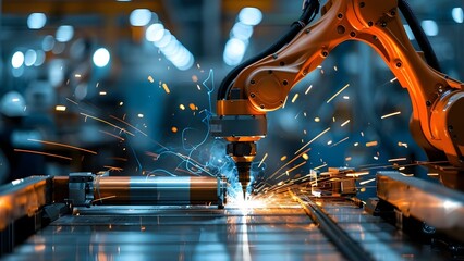 Efficient Welding by Factory Robot Arm. Concept Robotic Welding, Factory Automation, Precise Welding Technology, Industrial Robotics, Efficient Manufacturing