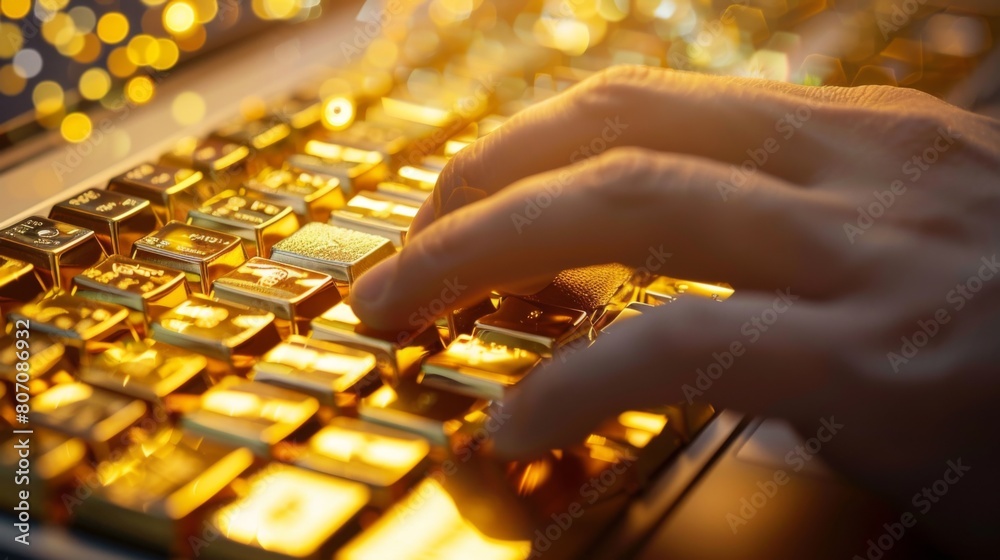 Aufkleber A hand typing on a keyboard with a gold trading platform on the computer screen, emphasizing the role of technology in gold investments and trading.