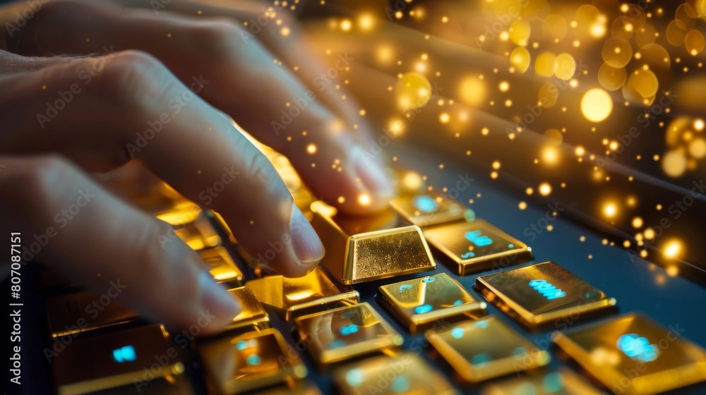 Poster A hand typing on a keyboard with a gold trading platform on the computer screen, emphasizing the role of technology in gold investments and trading.
