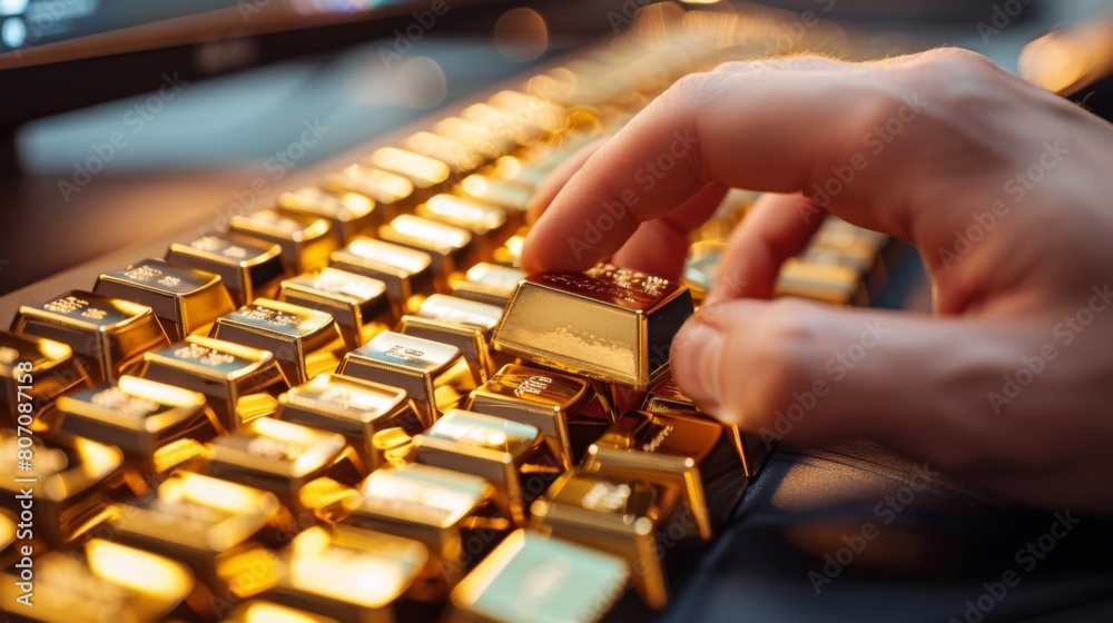 Aufkleber a hand typing on a keyboard with a gold trading platform on the computer screen, emphasizing the rol