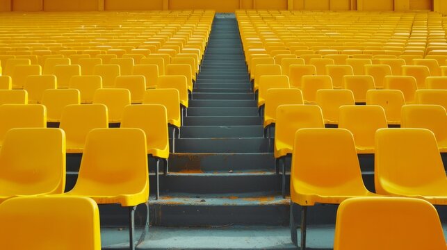 Yellow tribunes. seats of tribune on sport stadium. empty outdoor arena. concept of fans. chairs for audience. cultural environment concept. color and symmetry. empty seats. modern stadium