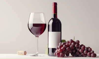 Fototapeta premium A red wine bottle with a wine glass and a bunch of grapes