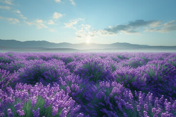 Rows of purple Lavender in height of bloom in early July in a field on the Plateau