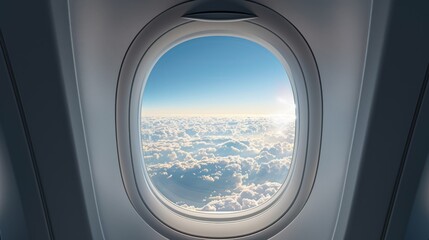 Beautiful view of sky and clouds through the aircraft window. Airplane window. Concept of travel and air transportation