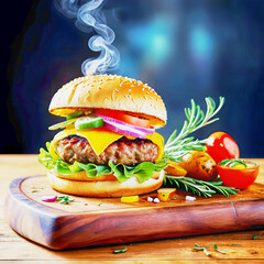 Appetizing and tasty burger with potatoes, tomato on wooden board.
