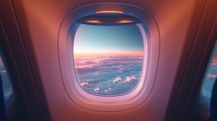 Beautiful view of sky and clouds through the aircraft window. Airplane window. Concept of travel and air transportation