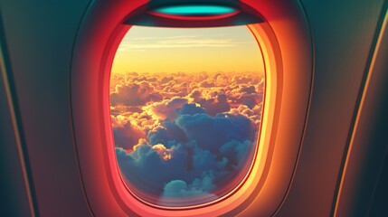 Fototapeta premium Beautiful view of night sky and clouds through the aircraft window. Airplane window. Concept of travel and air transportation
